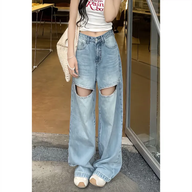 艾塔莉设计感破洞牛仔裤女春季新款胖mm梨形身材直筒裤大码阔腿裤