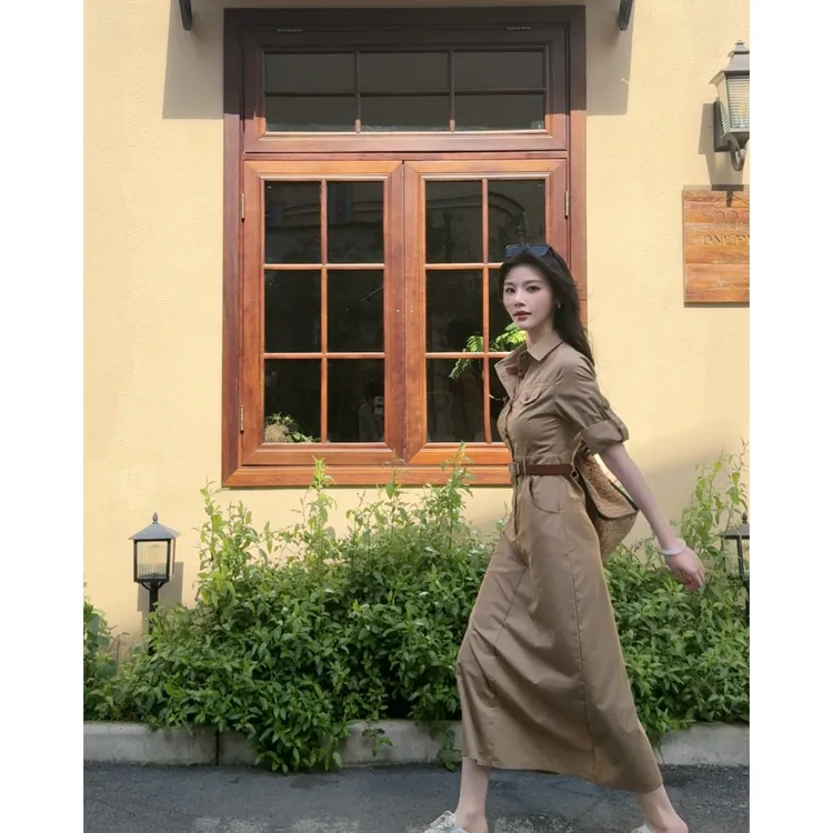 【美丽羊专属】【高知姐姐】高级感气质时尚Polo领法式工装收腰显瘦长款连衣裙