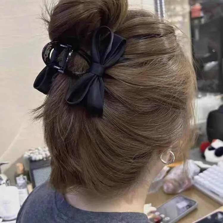 气质优雅黑色布艺立体蝴蝶结马尾中号抓夹发卡后脑勺盘发抓夹发饰