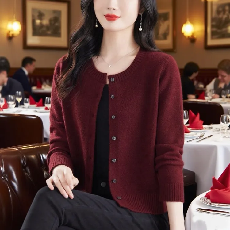 羊毛衫女圆领中年妈妈针织开衫外套短款毛衣外搭春秋专柜正品