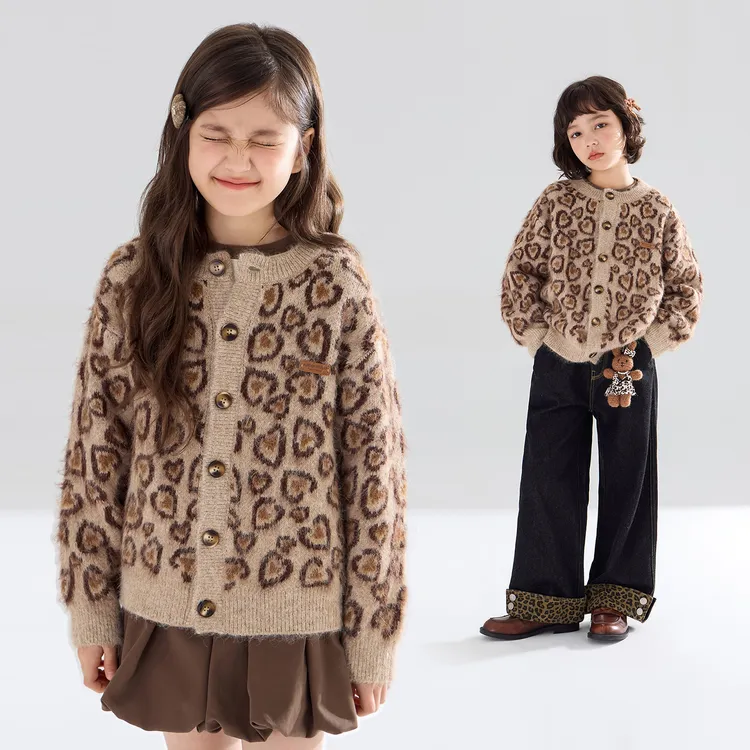 混纺爱心豹纹提花毛衣开衫复古外套女童秋新款M53XE5318
