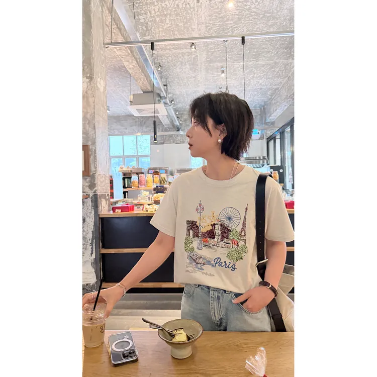 苏安家|“巴黎假日”塞纳河彩绘素描13色刺绣超重工天然彩棉短袖T恤