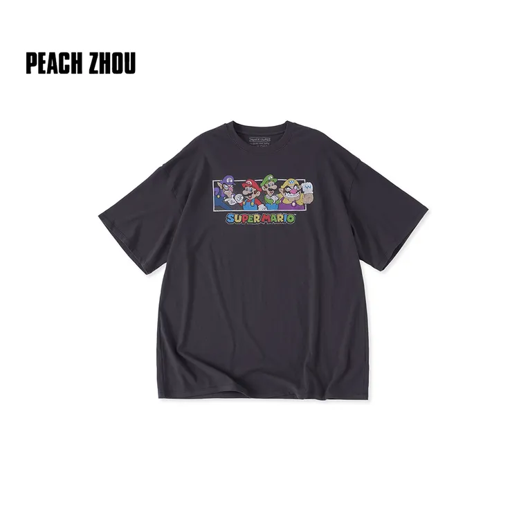 PEACHZHOU 做旧马里奥卡通印花宽松圆领短袖美式复古T恤6XS30366