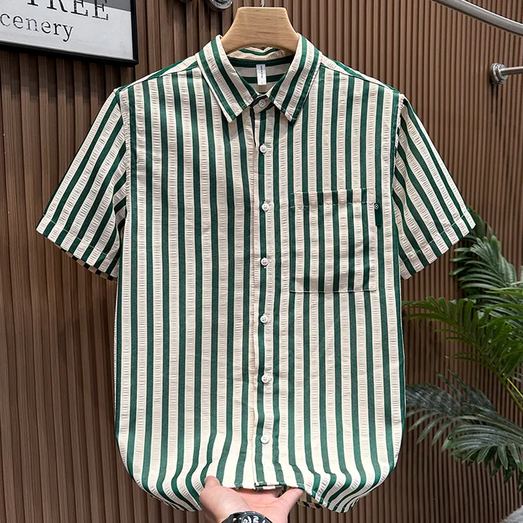 轻奢日系小清新条纹短袖衬衫夏季男士薄款百搭休闲文艺宽松上衣潮