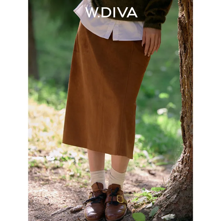 W.Diva【侧写格调】秋冬美拉德分割线质感绒面羊皮半裙女53K302771