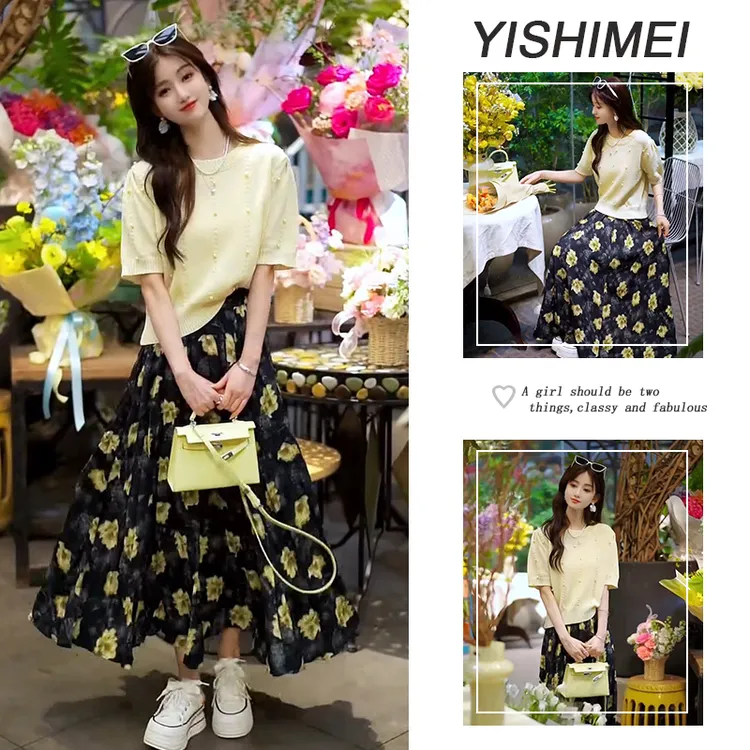 早春时尚穿搭2025年新款韩系百搭针织短袖上衣显瘦半身裙两件套装