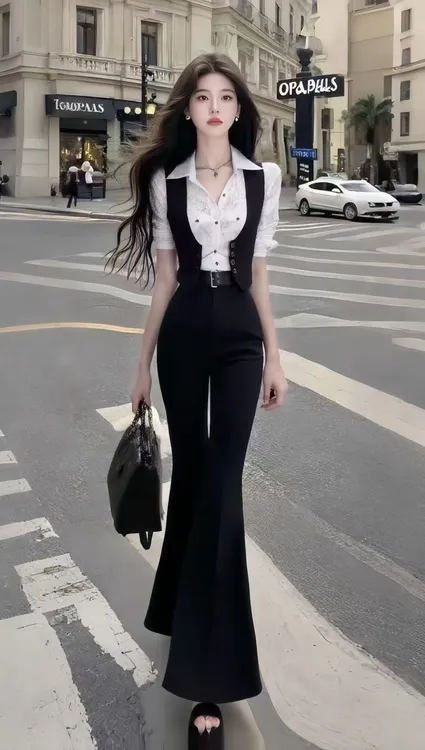 新款时尚拼接假两件不规则设计上衣+休闲百搭微喇裤黑色长裤套装