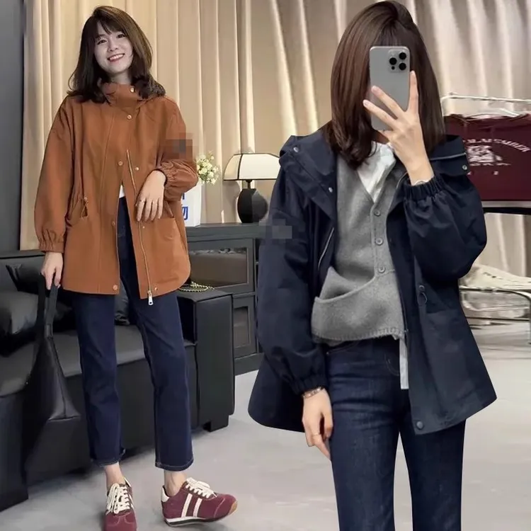 收腰连帽冲锋衣外套女2025秋冬新款中长款宽松加棉派克服风衣上衣