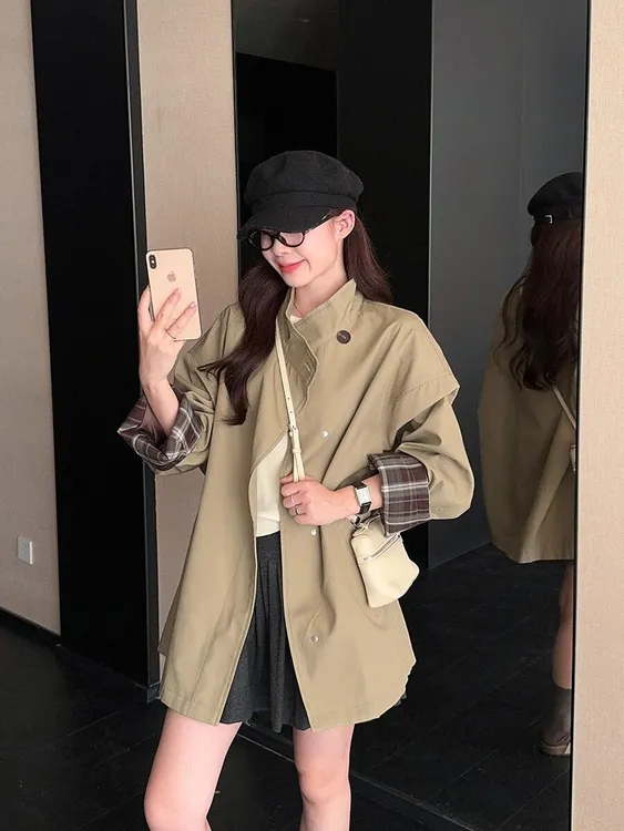 高级经典撞色风衣外套廓形显瘦宽松英伦风大衣