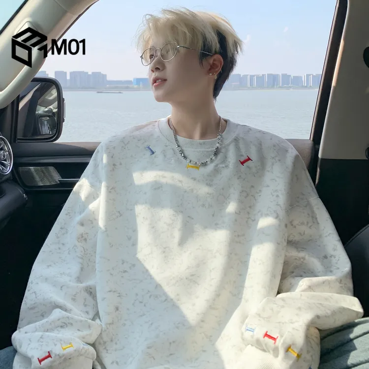 M01刺绣圆领套头卫衣新款春秋季长袖t恤男装青少年T潮牌宽松上衣