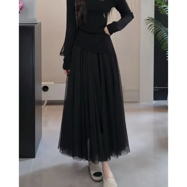 YUANLIANSU/圆脸酥【秋川溪谷】法式显瘦灰色网纱半身裙女秋季新款