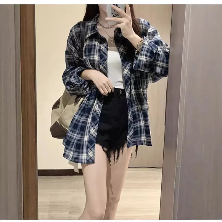 早秋慵懒风POLO领格子长袖衬衫女宽松中长款防晒外套石墨烯老钱风
