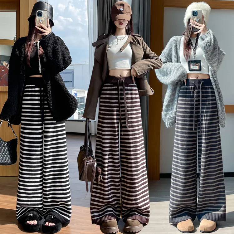 2822【裤长103】咖色毛线织裤2025冬复古高腰慵懒风直筒休闲阔腿裤