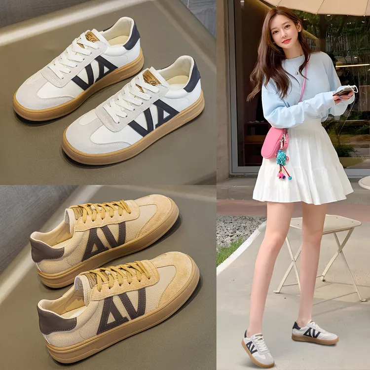 真皮小白鞋女2025春秋德训鞋圆头大码休闲单鞋软底圆头休闲板鞋