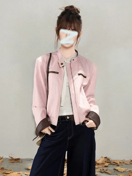 复古港风粉色皮衣外套女2025年秋季新款酷飒独特超好看休闲夹克