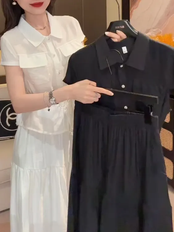 夏季新款时尚洋气减龄分体套裙短袖收腰衬衫松紧腰半身裙显瘦穿搭