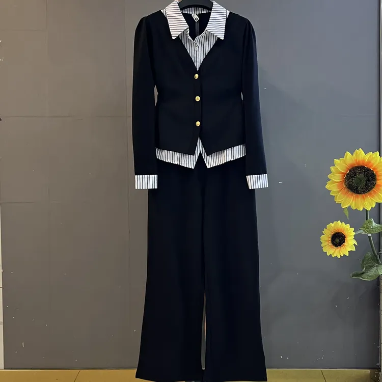 新款职业高级感条纹衬衫领假两件单排扣上衣搭配阔腿裤显瘦套装
