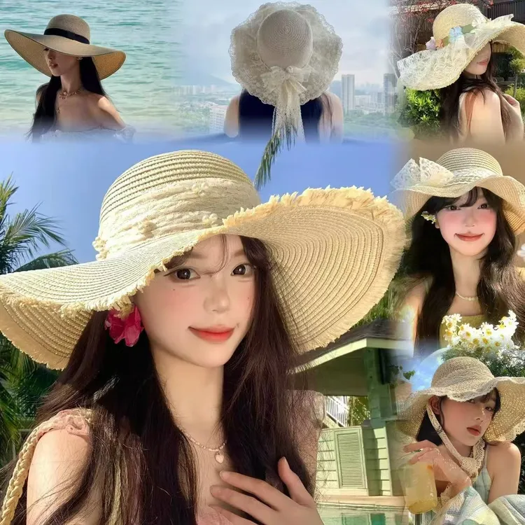 H洛丽塔帽子度假草帽蕾丝甜美新款大帽檐夏季百搭草帽