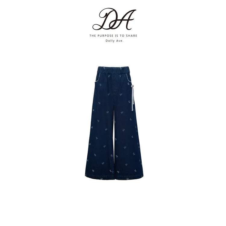 Dolly Ave「少女系列」提花牛仔 百搭手工刺绣蝴蝶结提花女童牛仔裤