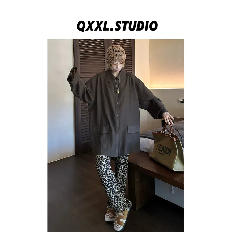 邱小小丽呀 早秋韩版纯色衬衣外套女简约百搭双口袋中长款上衣
