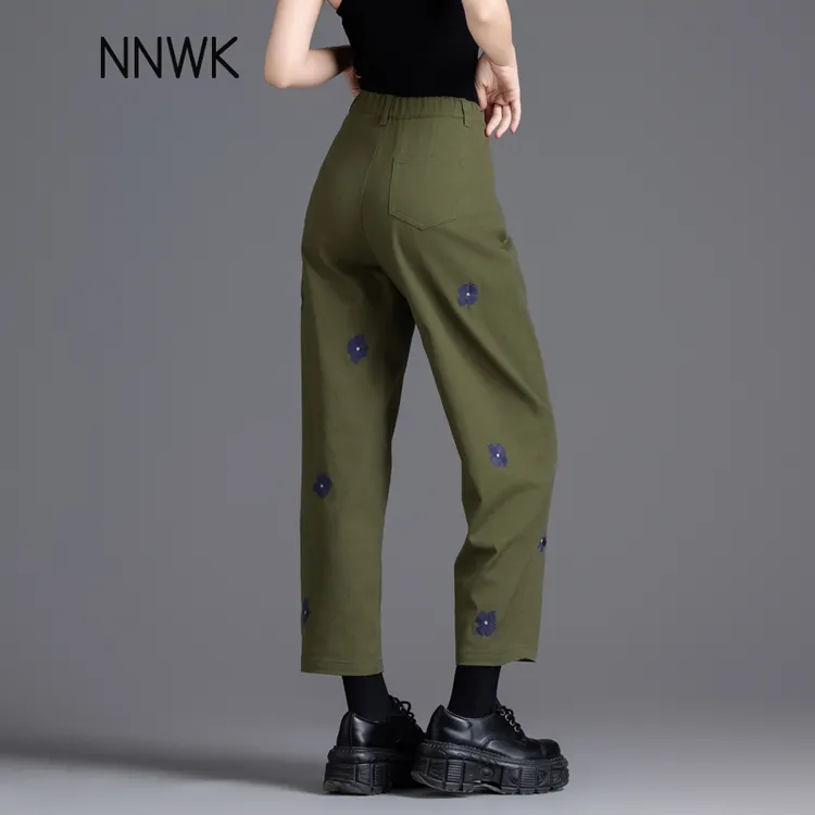 军绿色休闲刺绣牛仔裤女高质量九分裤春秋季古风裤子女哈伦萝卜裤