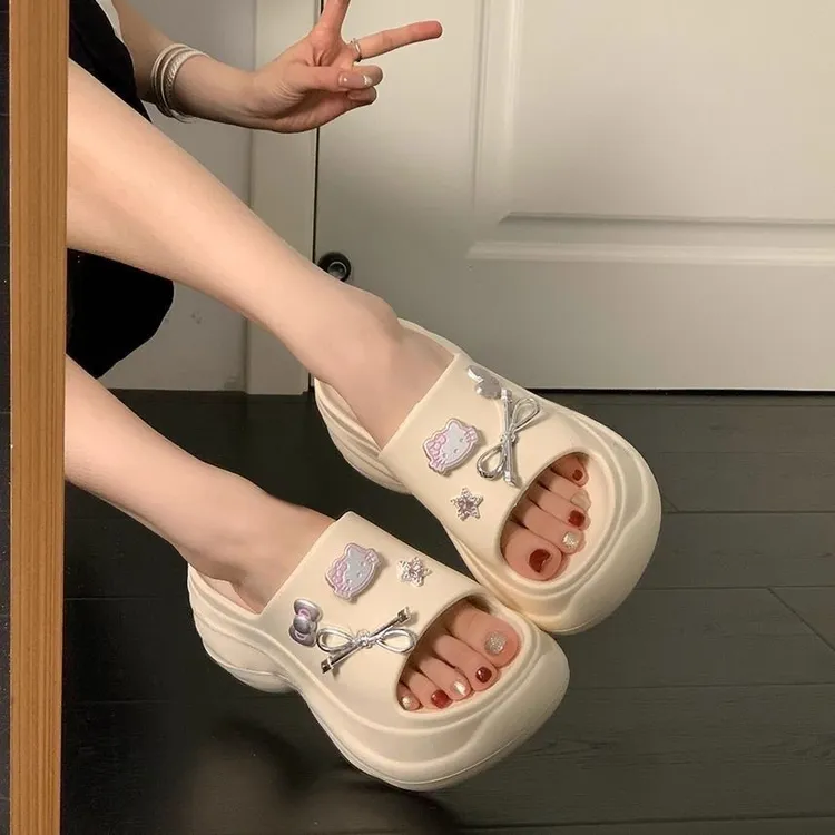 厚底外穿可爱KT猫时装凉鞋女一字拖女高跟拖鞋女款女士凉拖沙滩鞋