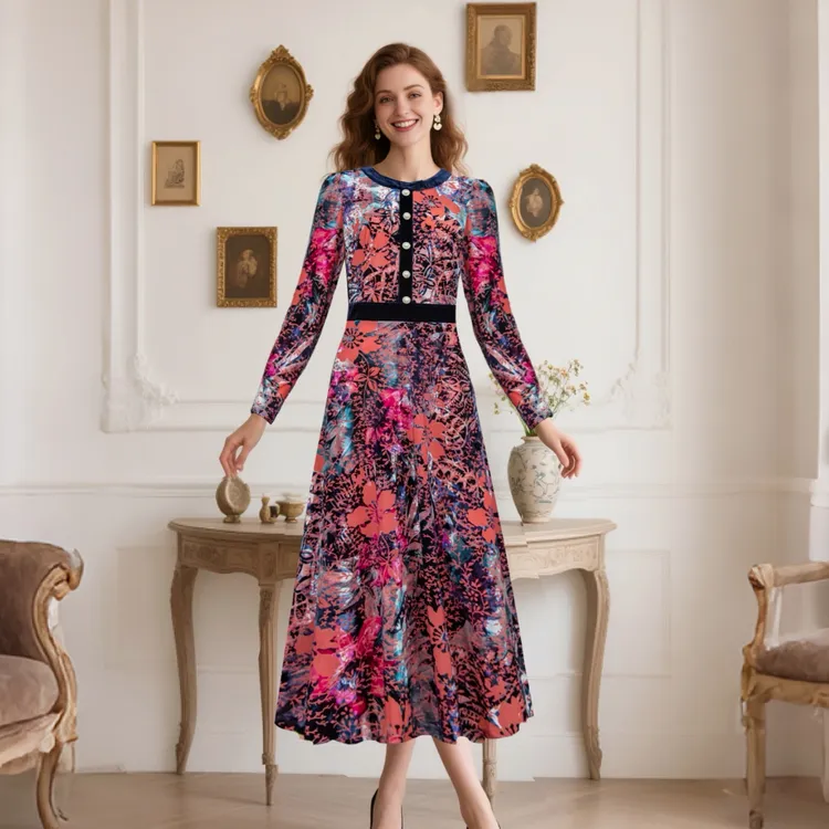 妈妈装连衣裙秋装新款潮流长袖气质长款A字裙-60803