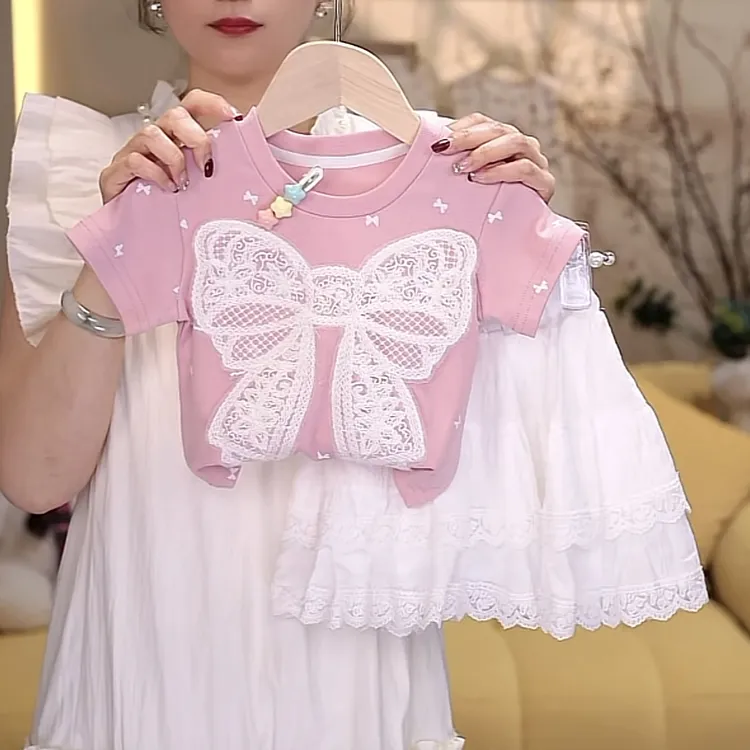 2025夏季新款女童甜美可爱蝴蝶结立体短袖T恤半身裙套装