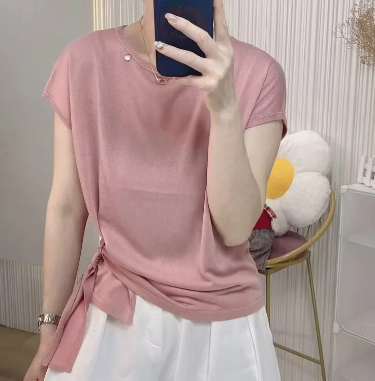 女圆领毛针织衫打底衫针织衫夏季三分袖纯色静奢风