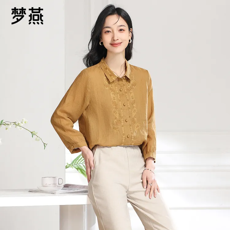 梦燕春秋女款休闲妈妈装百搭时尚衬衣宽松翻领上衣小衫AA04B5026