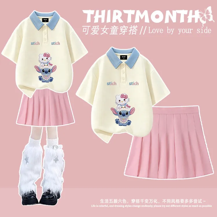 2026夏季女童POLO衫短袖短裙套装日系可爱KT猫史迪仔印花百搭休闲