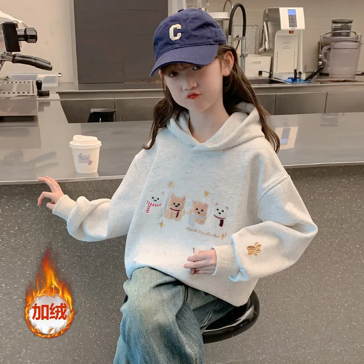 女童加绒连帽卫衣秋冬款洋气百搭小女孩保暖冬季中大童一体绒卫衣