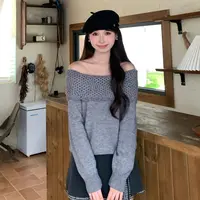 慕兔法式独特设计感一字领针织衫女2025秋季新款宽松显瘦小众上衣