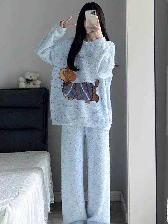 海盐蓝圆领半边绒保暖软绵绵少女家居服珊瑚绒kt猫睡衣女秋冬季