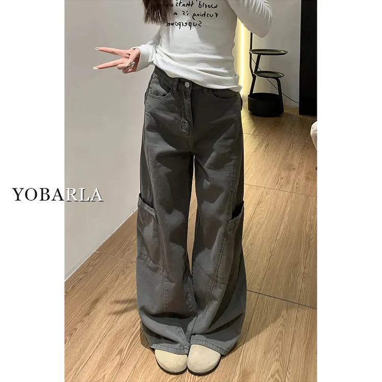 美式直筒休闲裤女秋冬新款高腰大码女士宽松拖地阔腿裤子