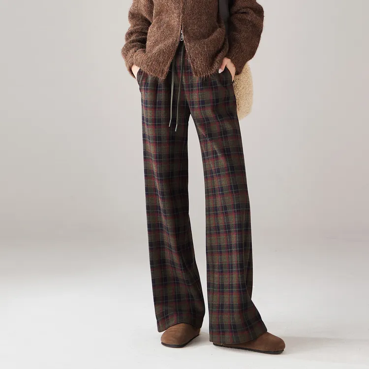 索菲丝尔复古格纹加绒加厚阔腿裤女2025冬季松紧腰拖地裤541225