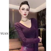【YUAN MODEL】媛老板-时装V领烫钻长袖T恤女装打底百搭上衣080761