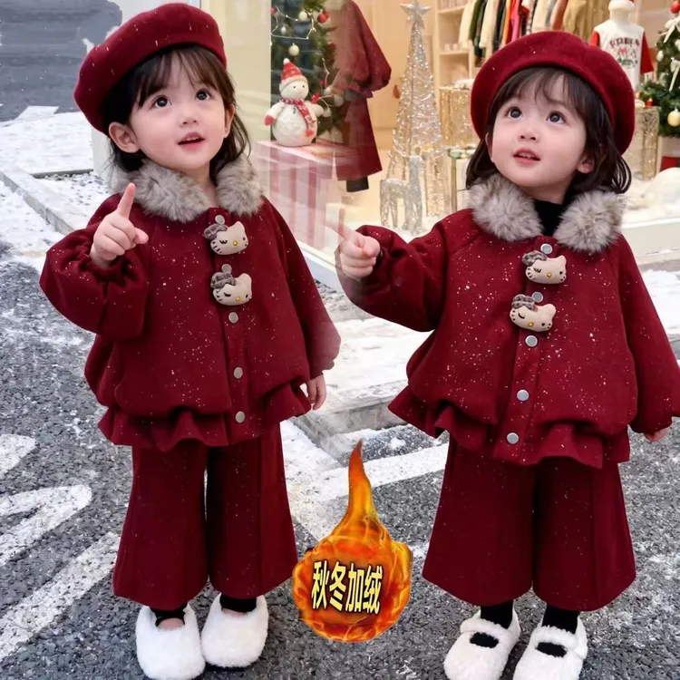 女童秋冬款套装2025新款加厚保暖儿童新年拜年服外套裤子两件套