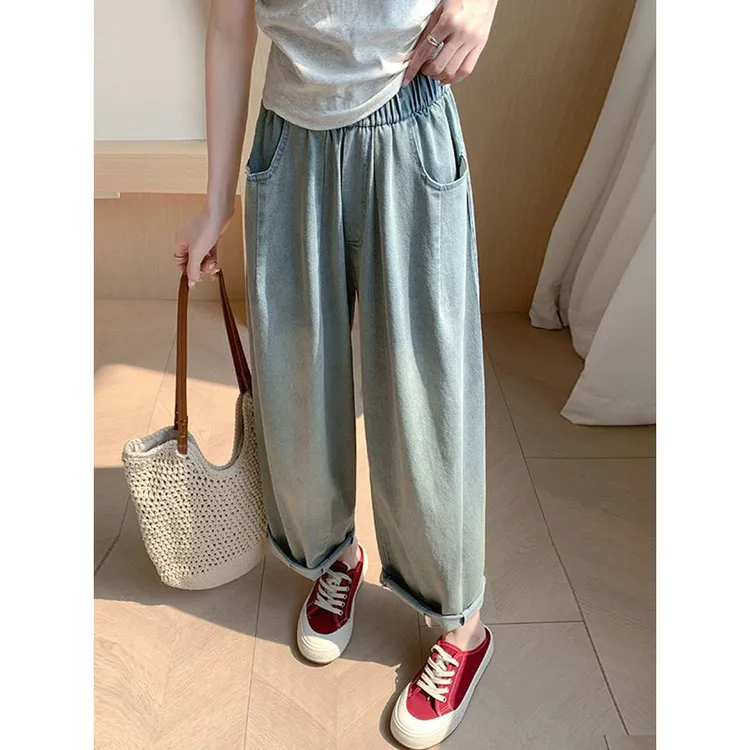 新款宽松直筒休闲裤女夏季百搭显瘦九分阔腿薄款高腰聚酯纤维哈伦