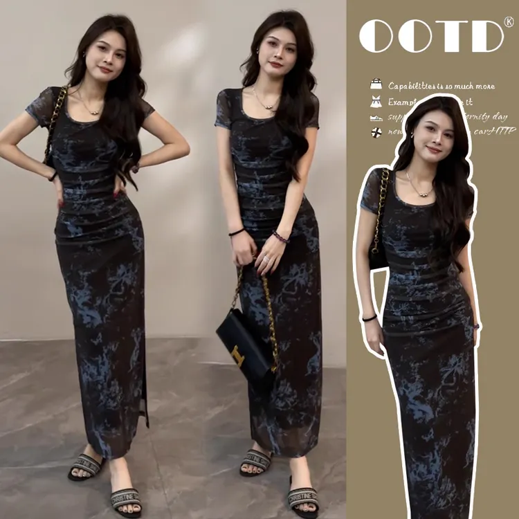 时尚孕妇装墨染复古修身时尚连衣裙开叉包臀新款短袖长裙