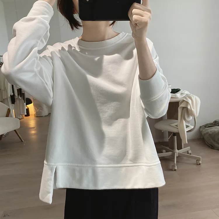韩系宽松圆领套头纯色简约秋季新款减龄休闲棉质百搭基础款卫衣女