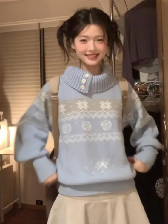 2026春季新款费尔岛风高领针织毛衣通勤显瘦拼色长袖半身裙两件套