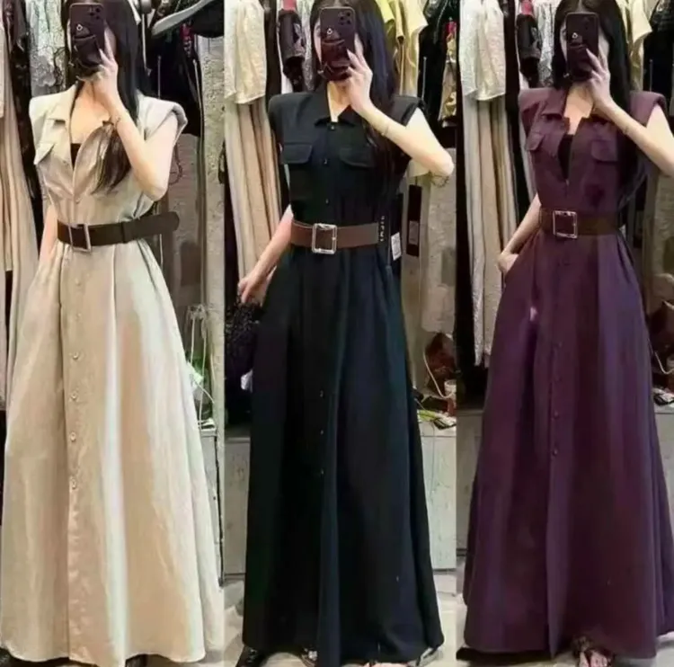 夏季法式复古气质简约长款连衣裙单排扣翻领通勤腰带长裙q0241-2