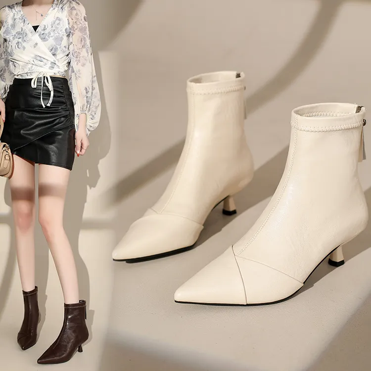 品牌断码尖头细跟短靴女法式棕色百搭裸靴后拉链高跟弹力瘦瘦靴女