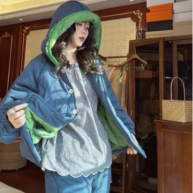 睡衣女士加厚秋冬季保暖宽松里外纯棉三层夹棉简约格纹冬天家居服