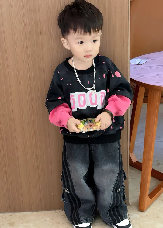 男童春秋套装2025新款韩版儿童帅气破洞假两件卫衣酷帅工装牛仔裤