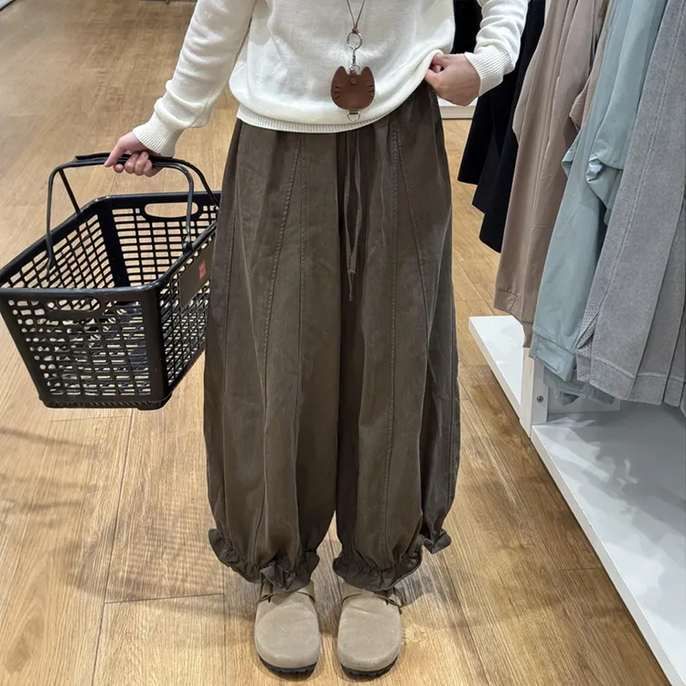 美拉德棕色阔腿花苞工装裤子女秋新款小个子宽松九分灯笼休闲裤