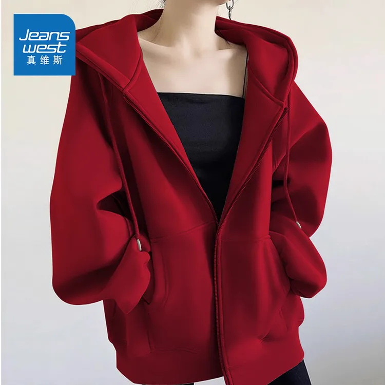 真维斯酒红色外套女春秋款2025新款复古宽松连帽卫衣开衫洋气上衣
