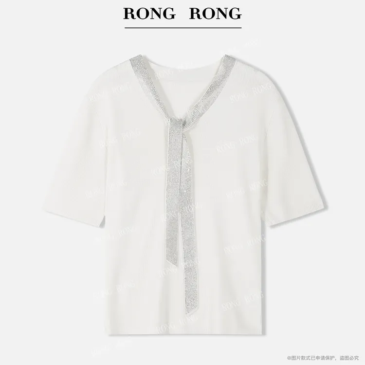 溶溶【碎星织月】RONGRONG莱赛尔醋酸混纺V领绑带百搭显瘦T恤F51008