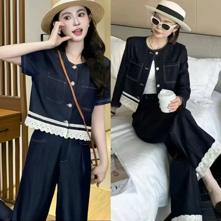 时尚牛仔套装女夏季洋气显瘦蕾丝拼接圆领短袖高腰长裤洋气衣服女